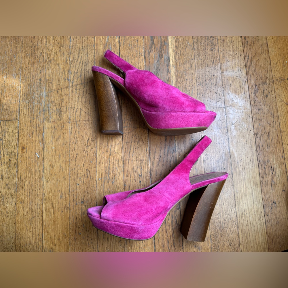 Jeffrey Campbell Pink Suede Peep Toe Heels w Wooden Heels - Picture 1 of 10